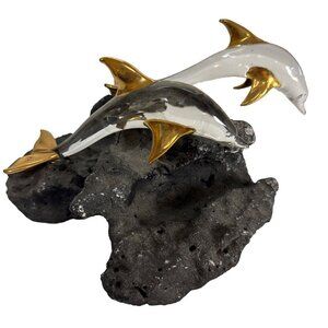 Art Glass Hand Blown Dolphins w/ Gold Trim on Coral Base Figurine Sculpture